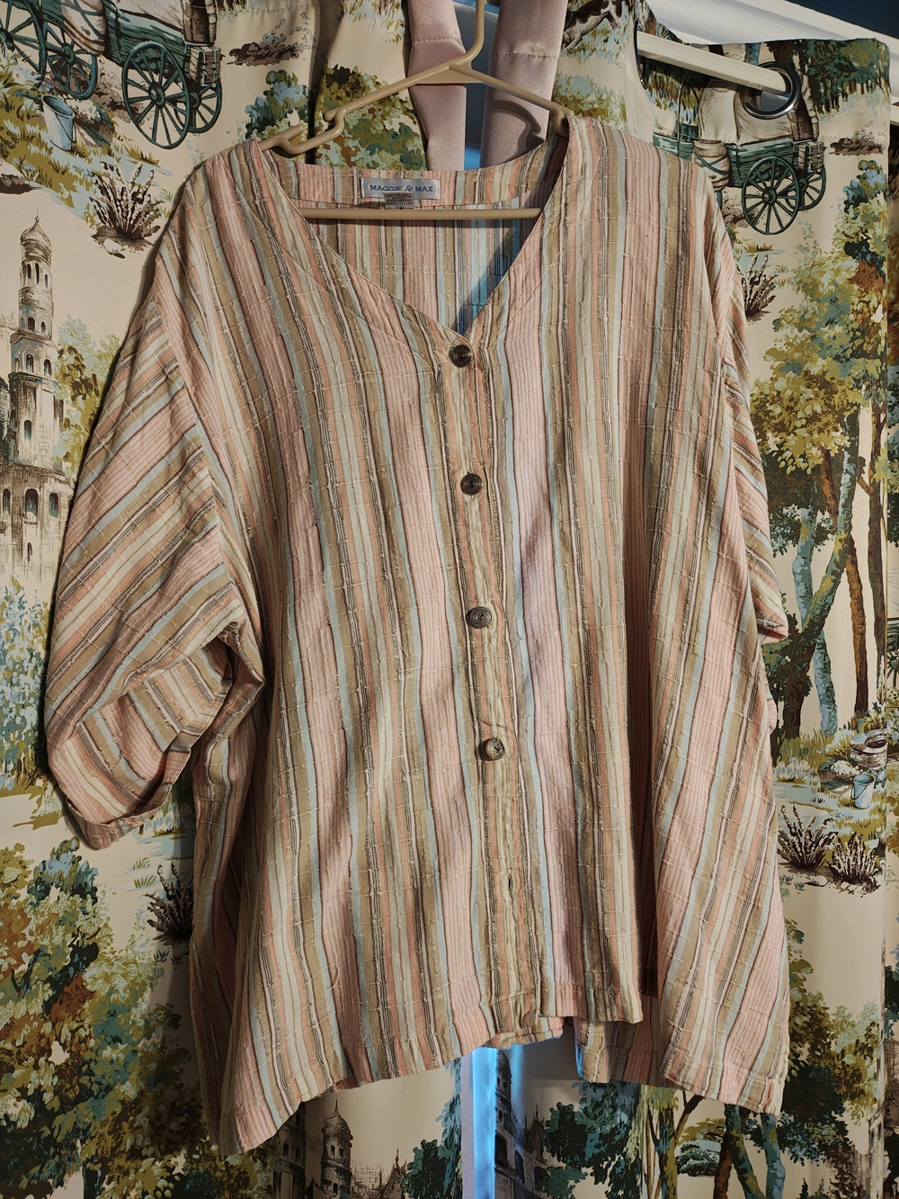 Maggie & Max Lightweight Striped Button Front Top - Peach Multi
